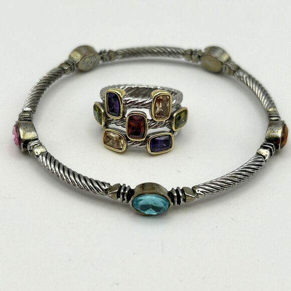 Multi Color Stone Twisted Cable Ring 8 and Bangle 7.75 Jewelry Set - Picture 1 of 14
